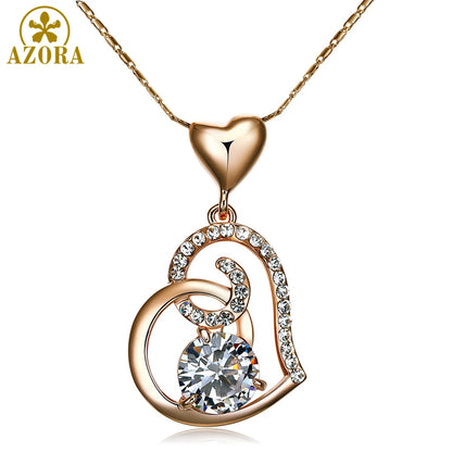 AZORA Rose Gold Color Clear Stellux Austrian Crystals Double Heart Pendant Necklace