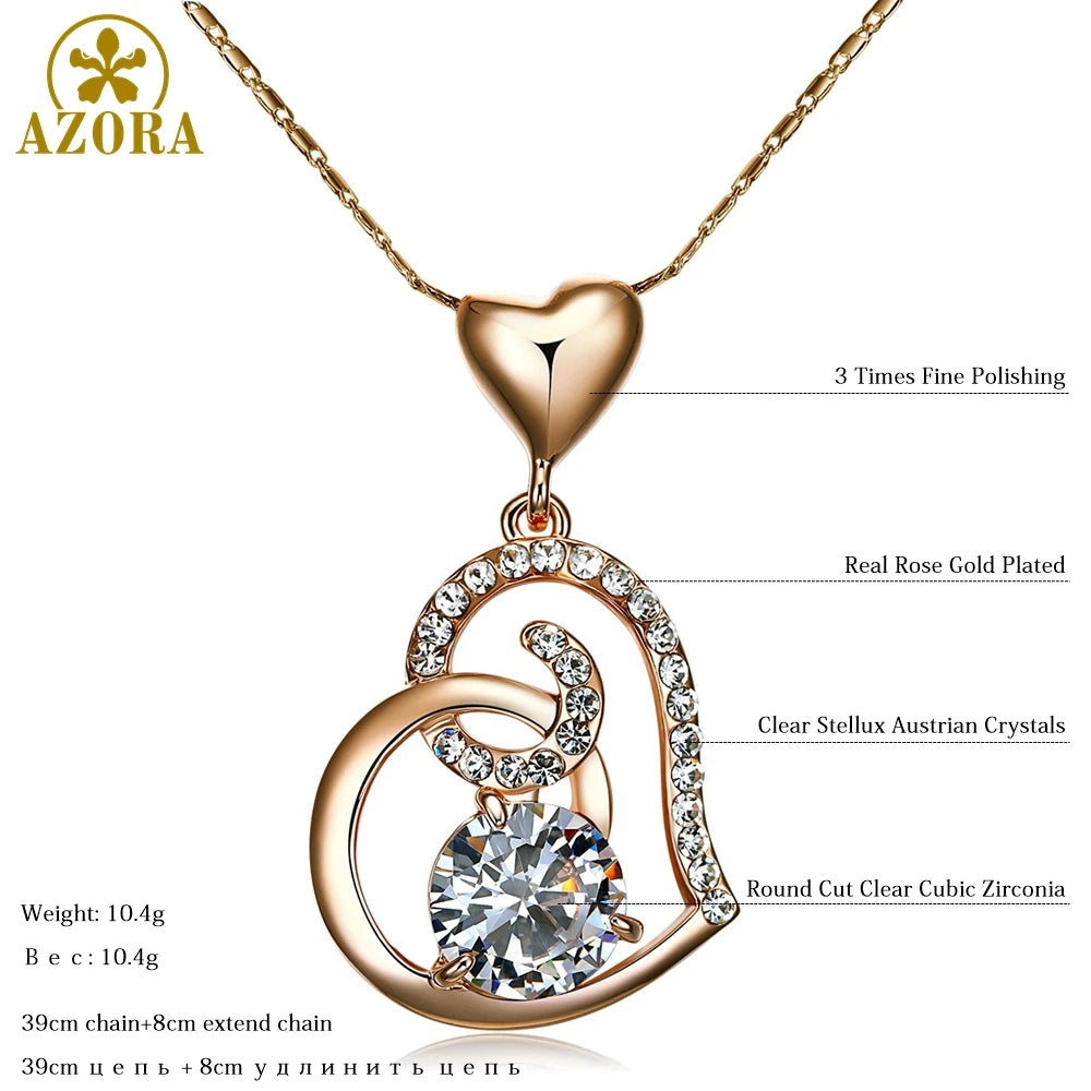 AZORA Rose Gold Color Clear Stellux Austrian Crystals Double Heart Pendant Necklace