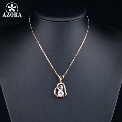 AZORA Rose Gold Color Clear Stellux Austrian Crystals Double Heart Pendant Necklace