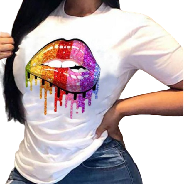 Women's Lip Colorful White With Printed Pattern Short Sleeve