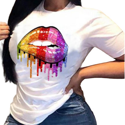 Women's Lip Colorful White With Printed Pattern Short Sleeve