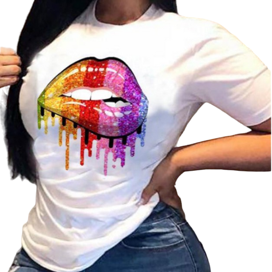 Women's Lip Colorful White With Printed Pattern Short Sleeve